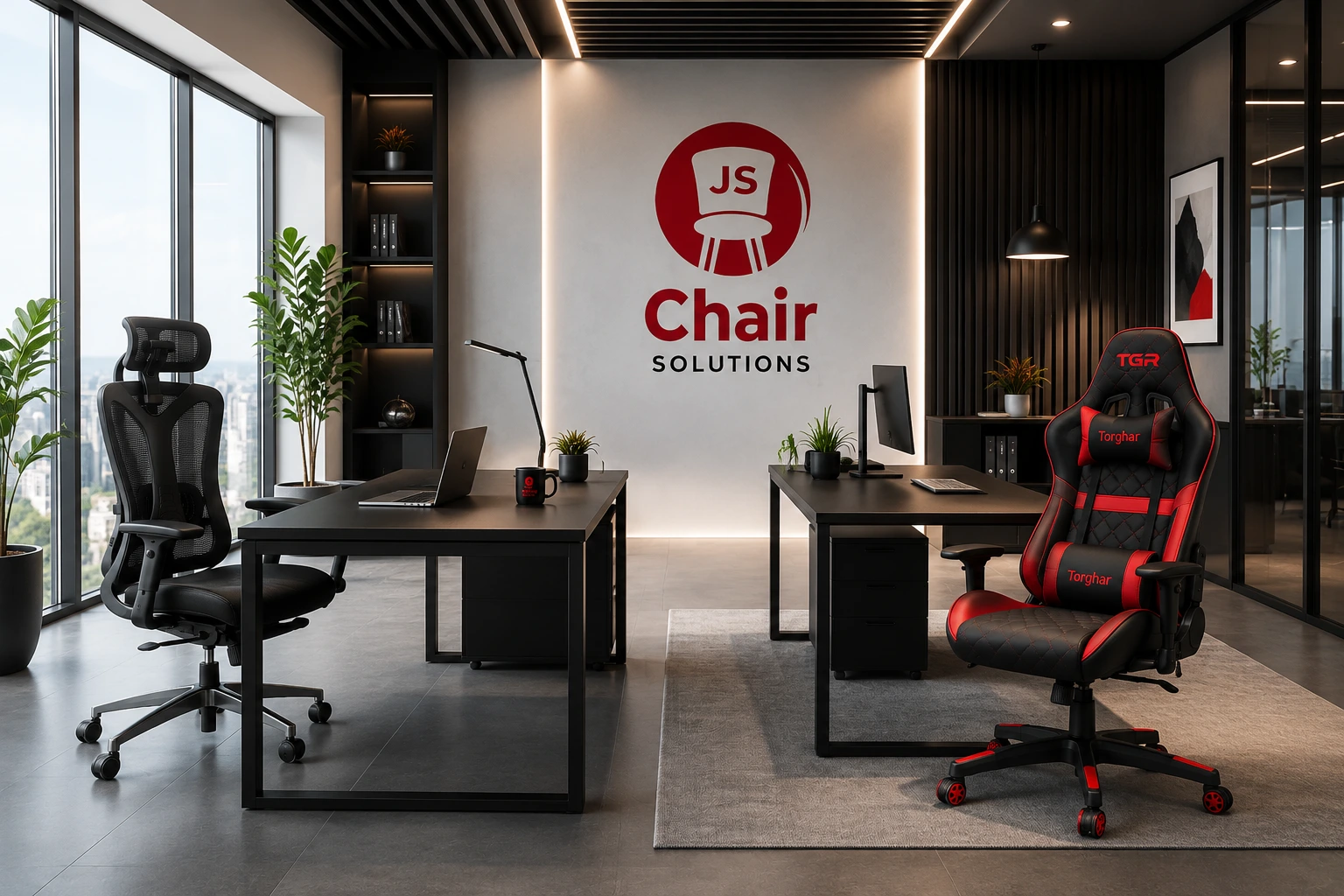 Modern open-plan office with ergonomic seating